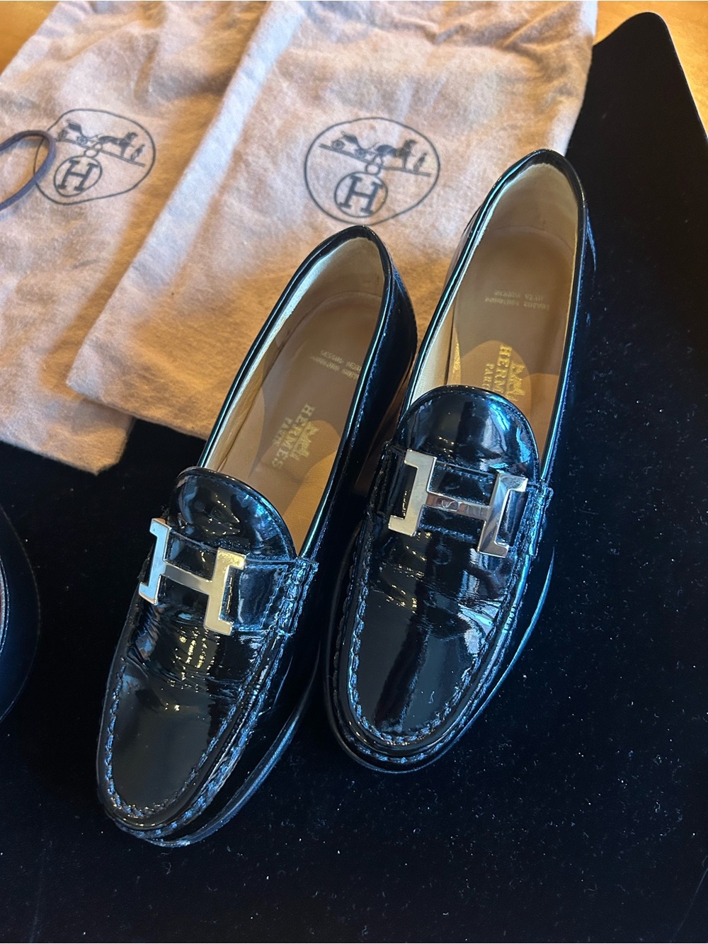 Hermes Women’s Black Patent Leather Loafers with Silver H buckle - Picture 1 of 5